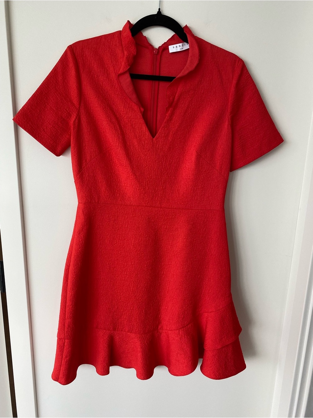 Sandro Bright Red V-Neck Short Sleeve Mini Dress with Ruffle Hem